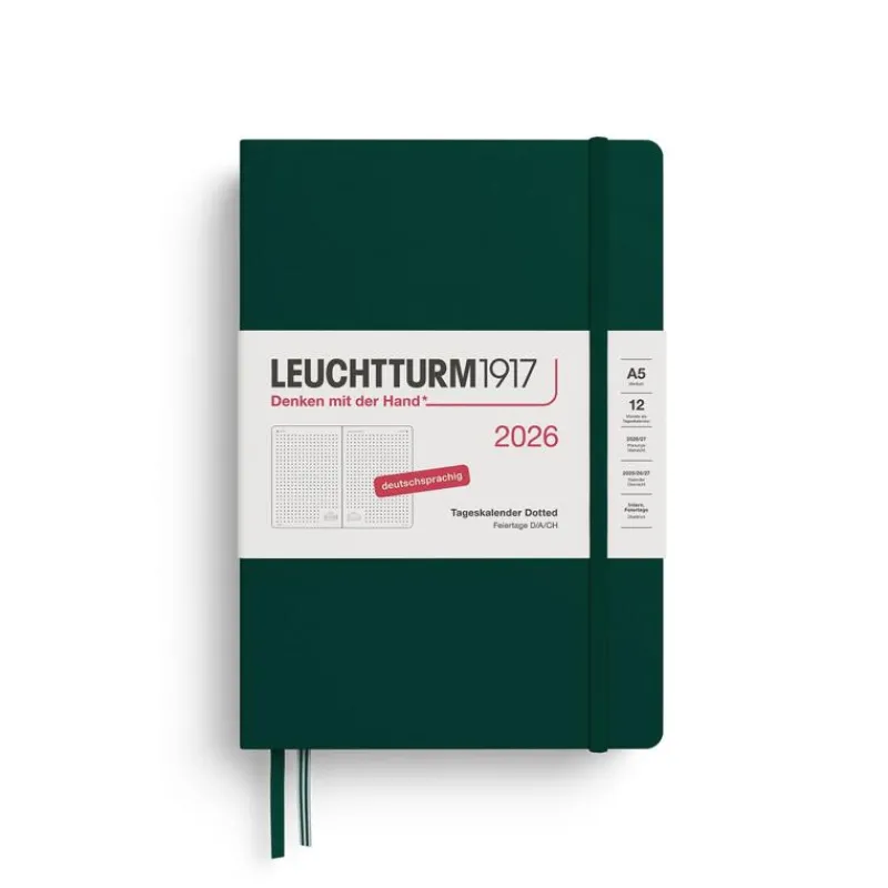 Leuchtturm1917 Tageskalender 2026 Dotted Medium A5 Hardcover Forest Green- Schreibwaren